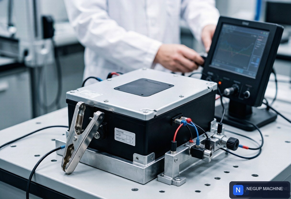 An EV battery module mounted on a safety test bench with sensors and a clamping fixture