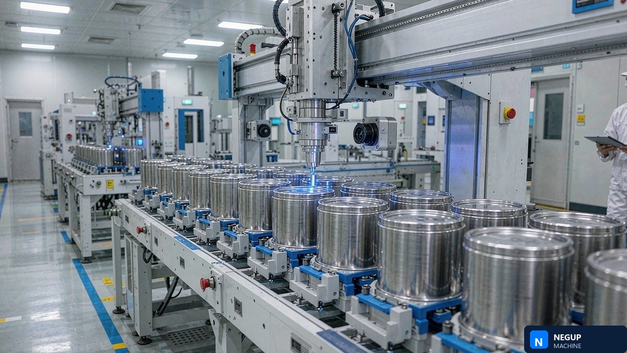 Automated battery cell manufacturing line with cylindrical cells on a conveyor being laser welded