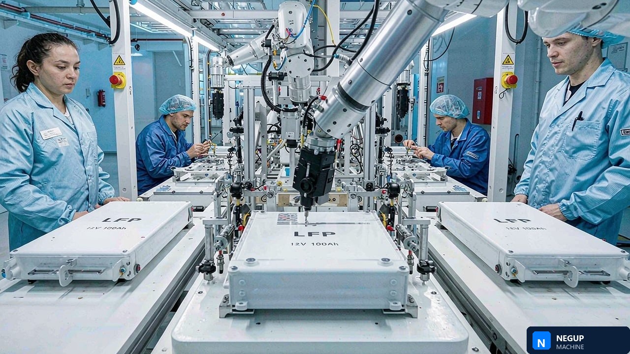 Battery module and pack assembly line with technicians and automated busbar laser welding