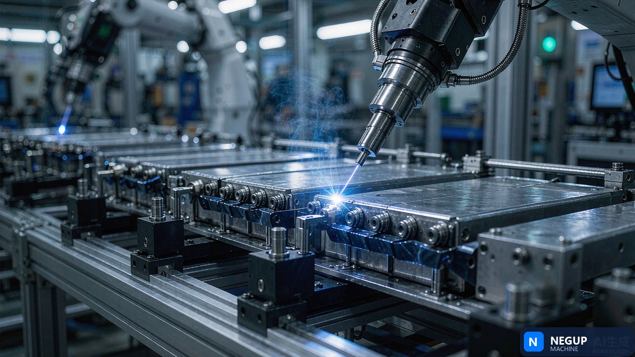 Prismatic sodium-ion cells being laser welded on a module assembly line